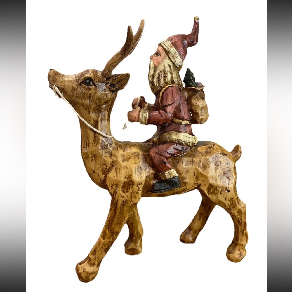 Primitive Folk Art Santa riding Reindeer 12” tall chiseled resin faux wood‎
